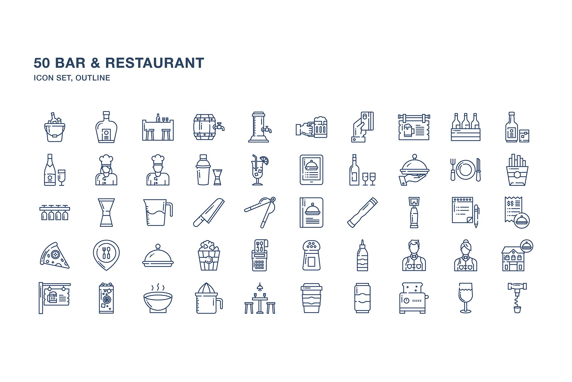 Bar and restaurant icon set preview image.