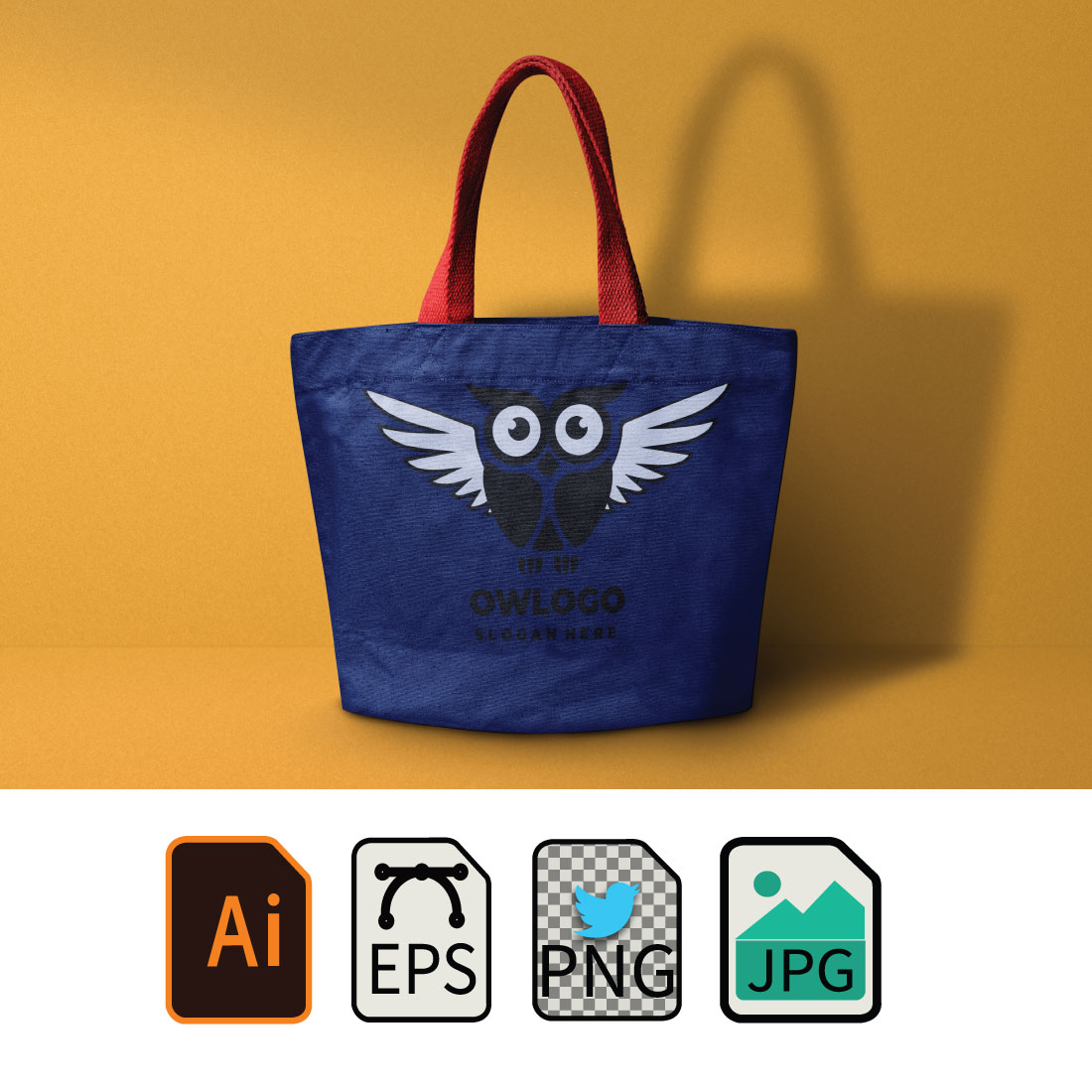 Blue tote bag with an owl on it.