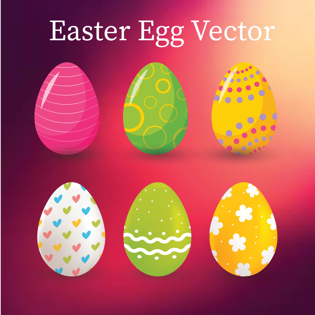 Set of six easter eggs with different designs.