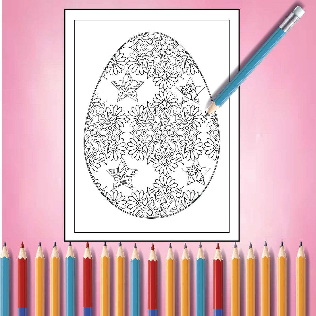 Coloring page with pencils next to it.