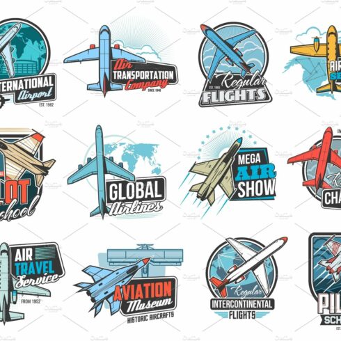 Aviation, air flight icons, airplane cover image.