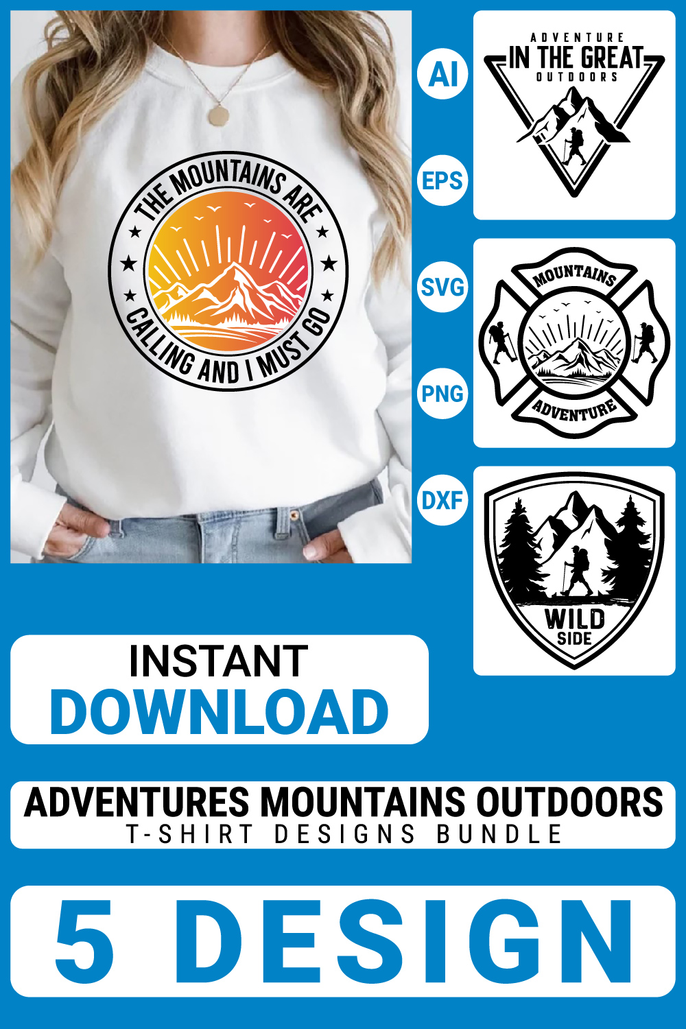 Adventures mountains Outdoors Hiking t-shirt design Vector illustration Graphic T-Shirt Design pinterest preview image.