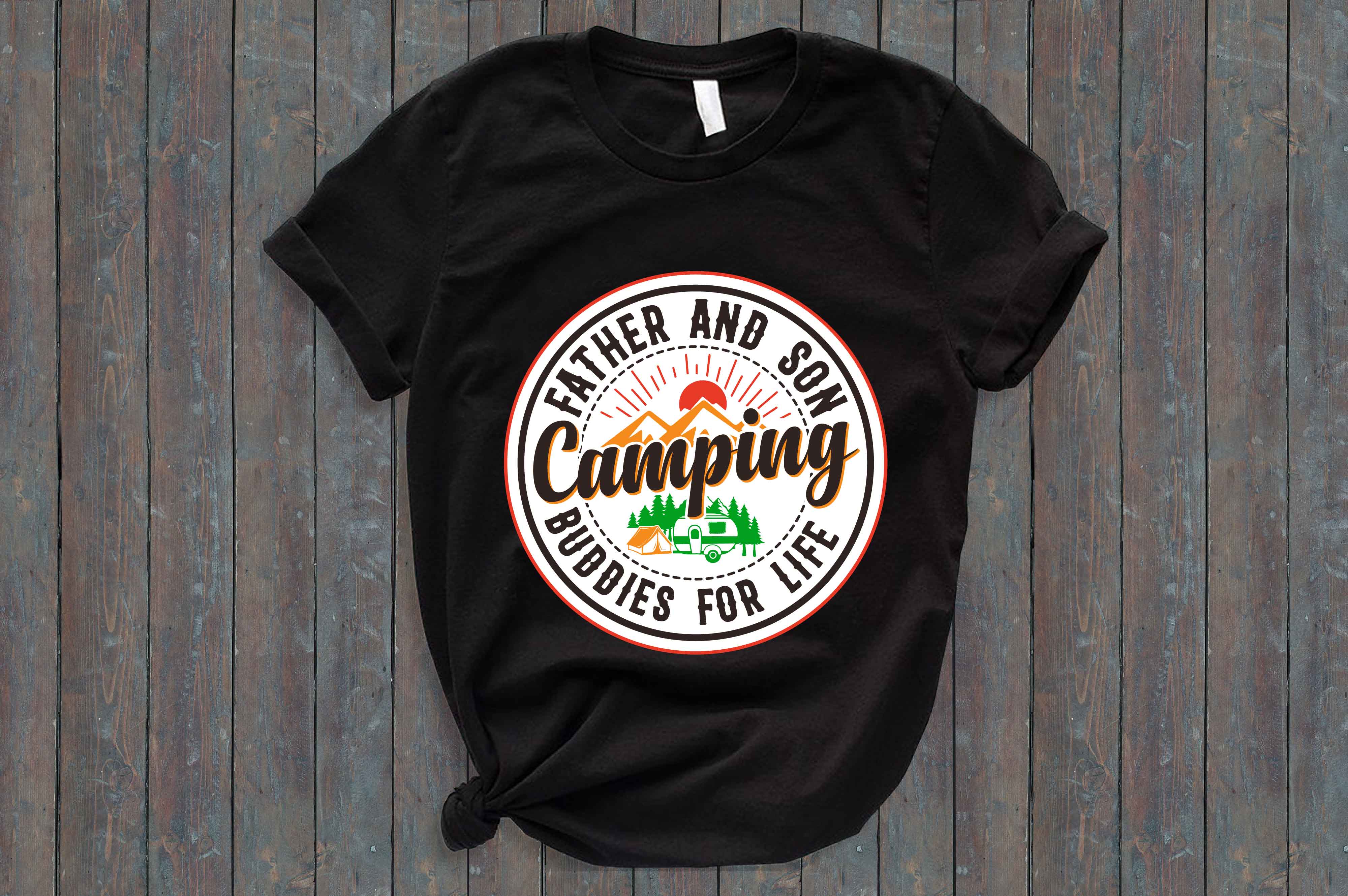 Black t - shirt with a camping logo on it.