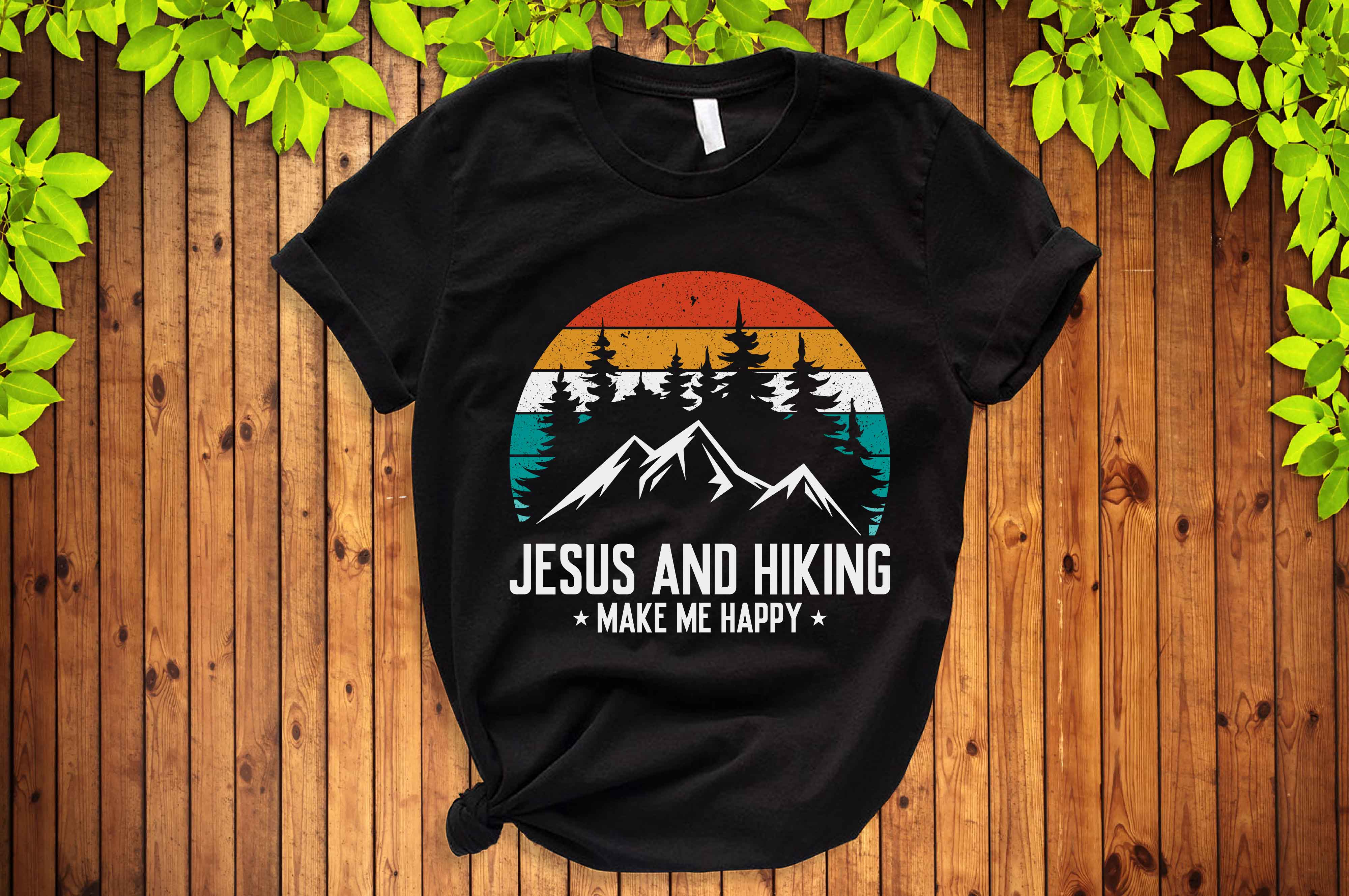 T - shirt that says jesus and hiking make me happy.