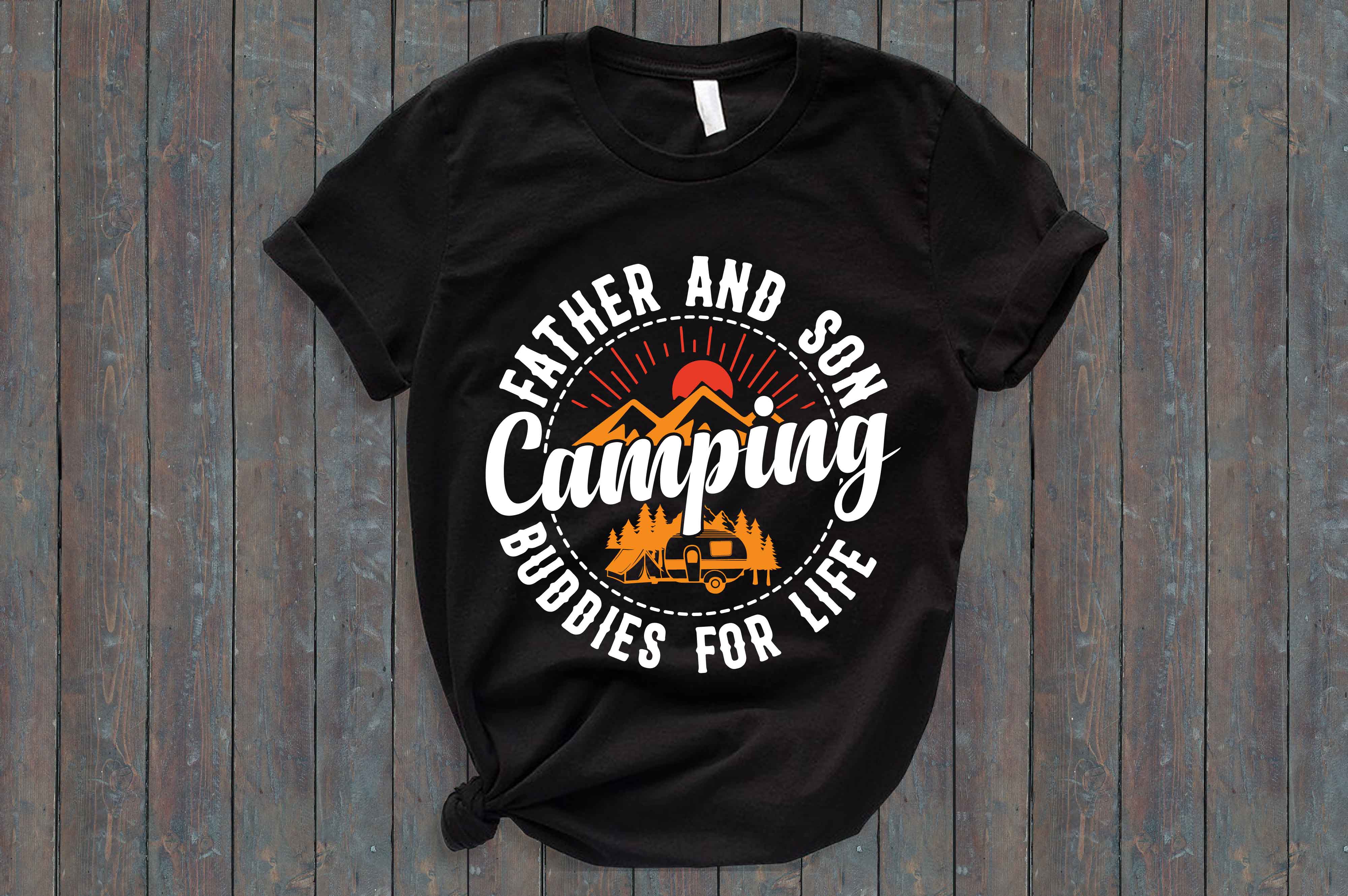 Black t - shirt with the words father and son camping printed on it.