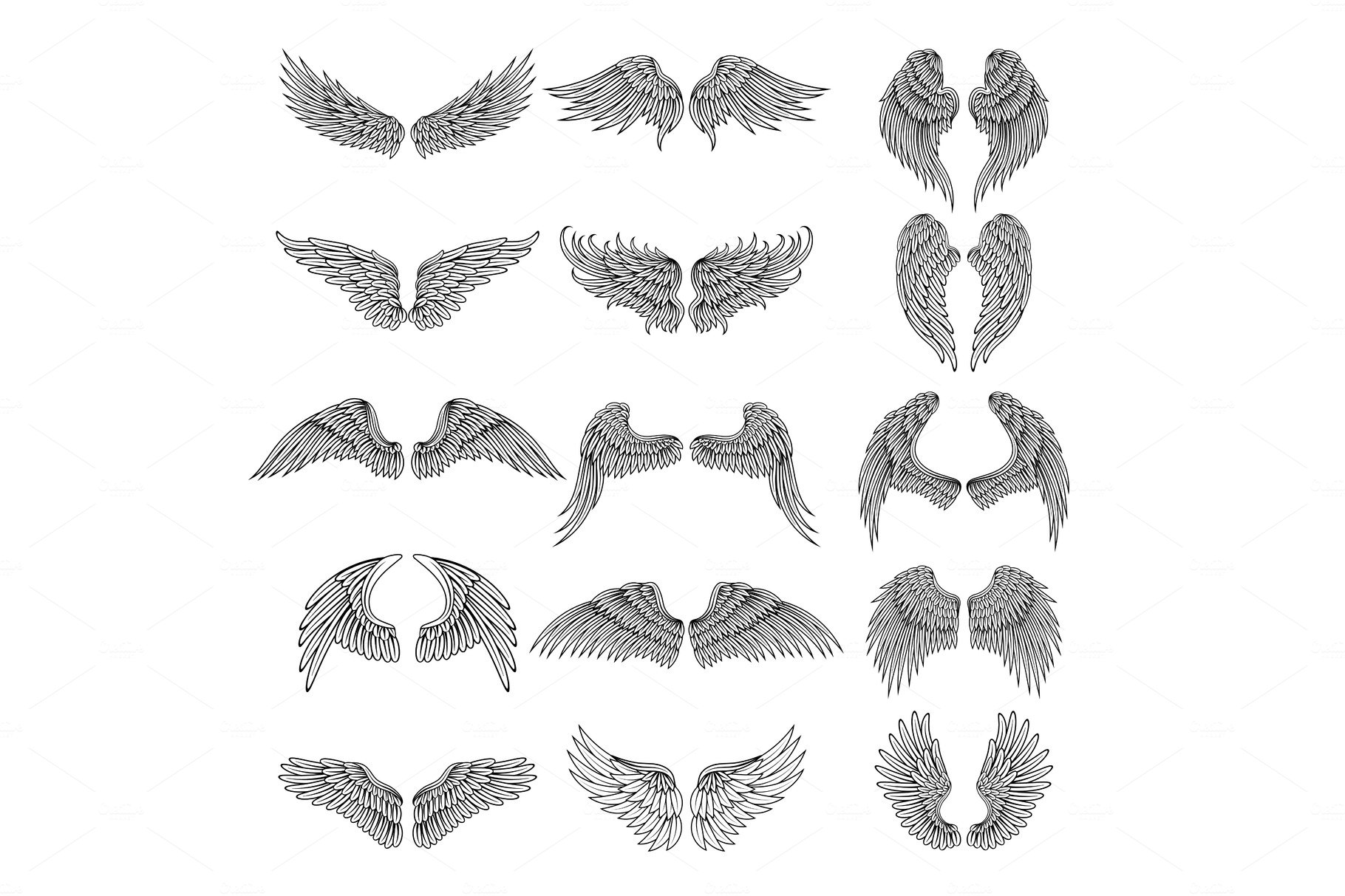Tattoo design pictures of different stylized wings. Vector illustrations fo... cover image.