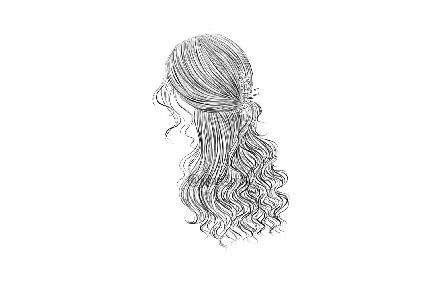 Drawing of a woman's head with long hair.