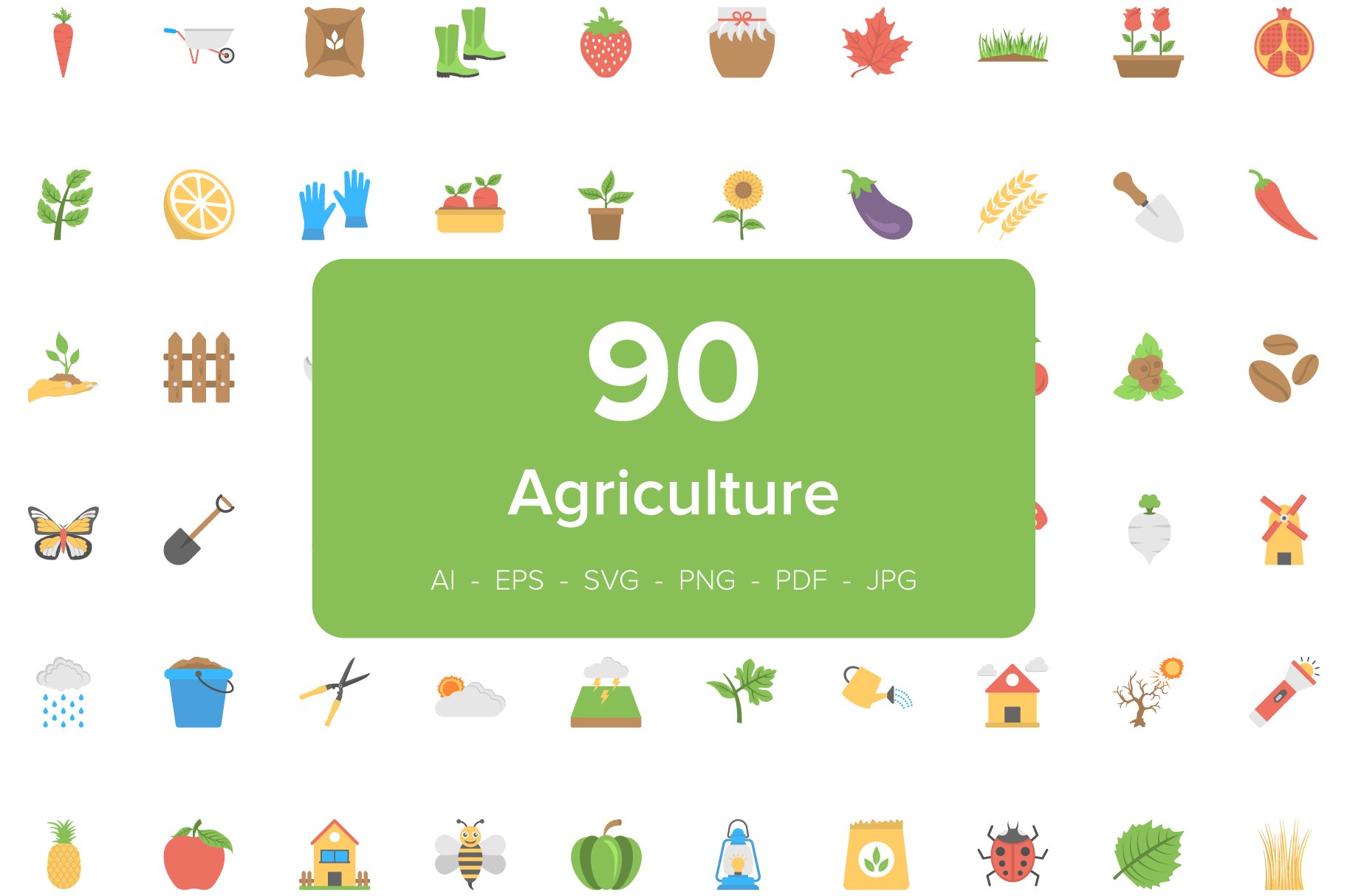 90 Agriculture Flat Vector Icons cover image.