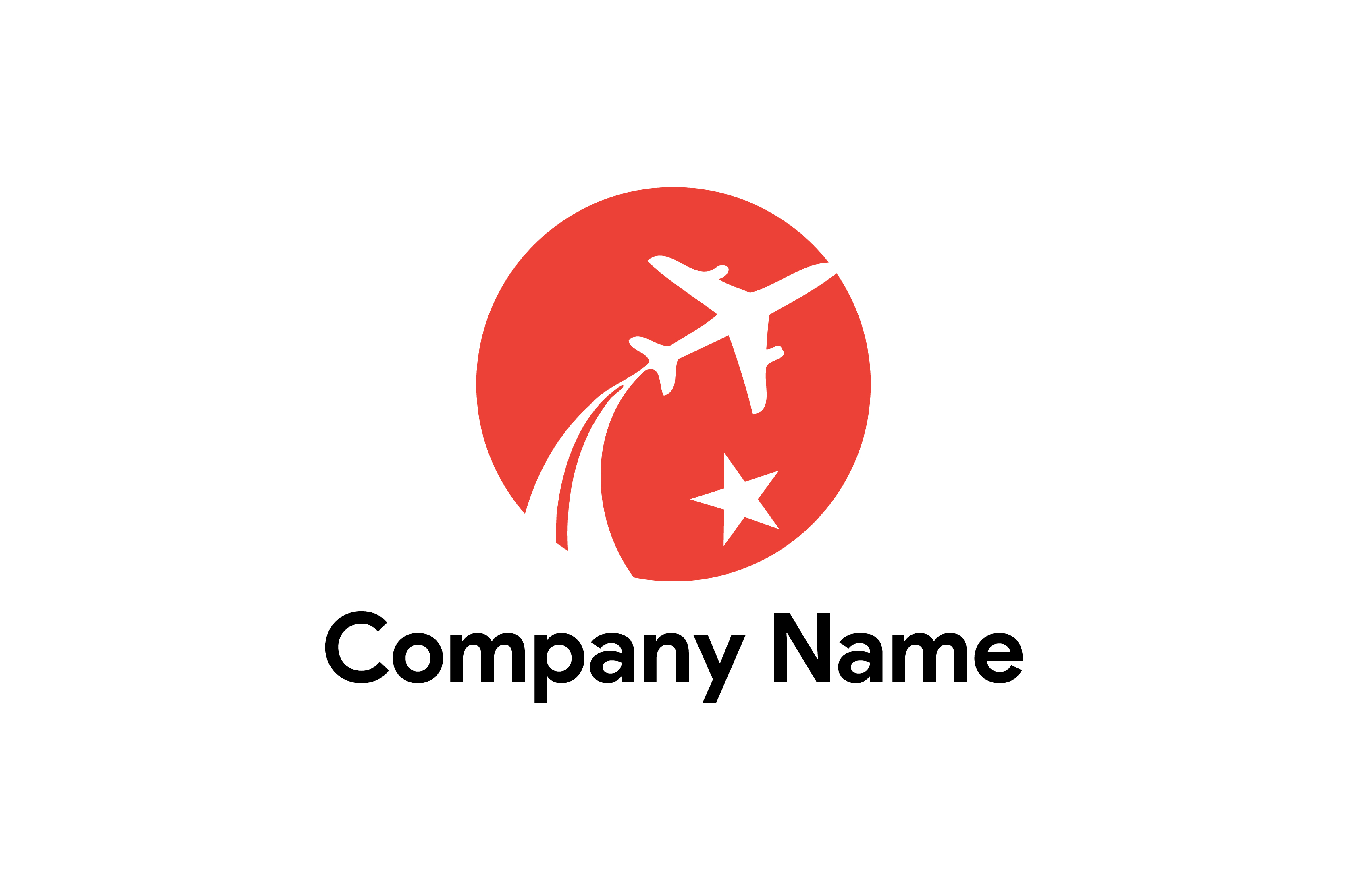 Red and white logo with an airplane flying in the sky.