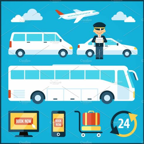 Airport shuttle icons set cover image.