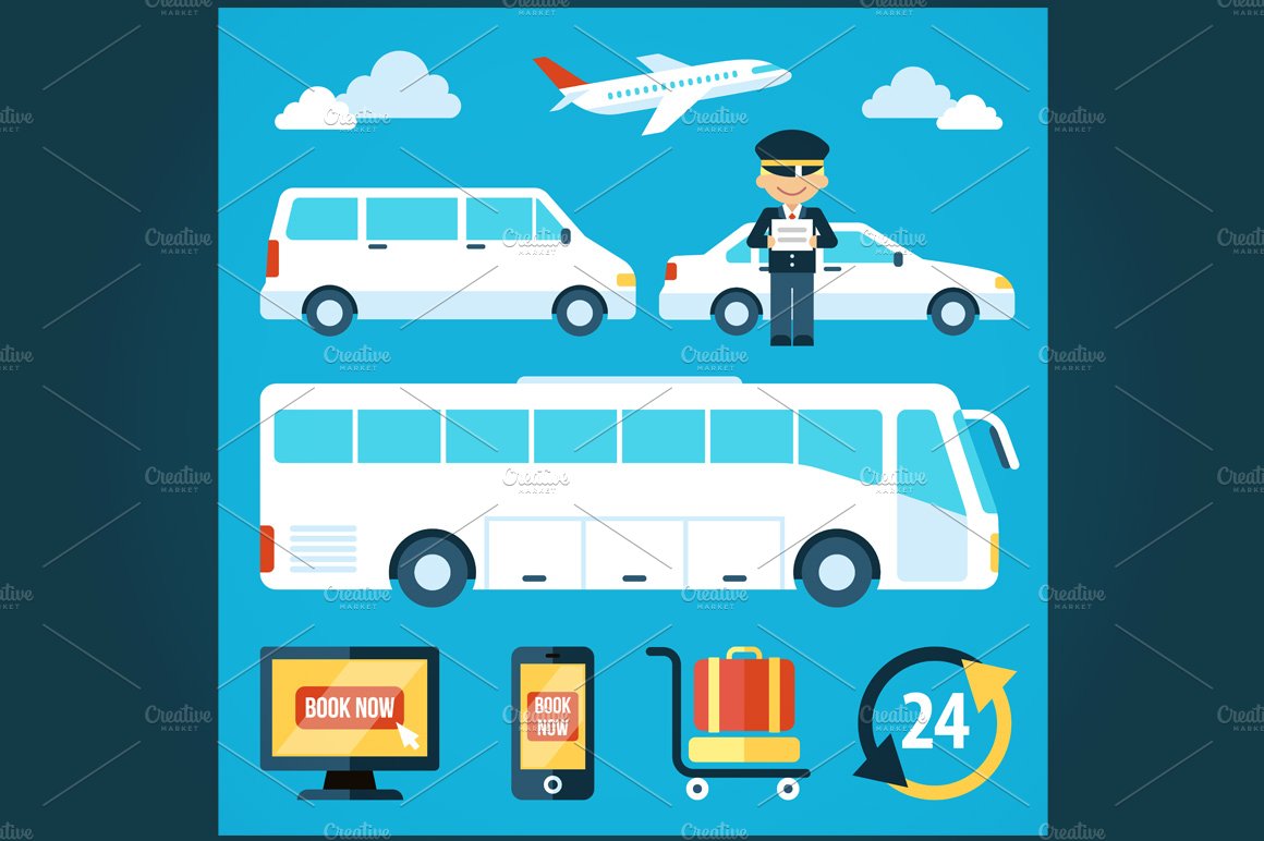 Airport shuttle icons set cover image.