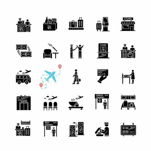 Airport terminal black glyph icons cover image.