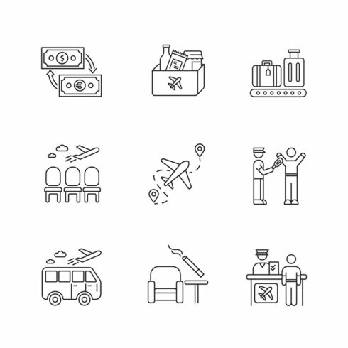 Airport terminal linear icons set cover image.