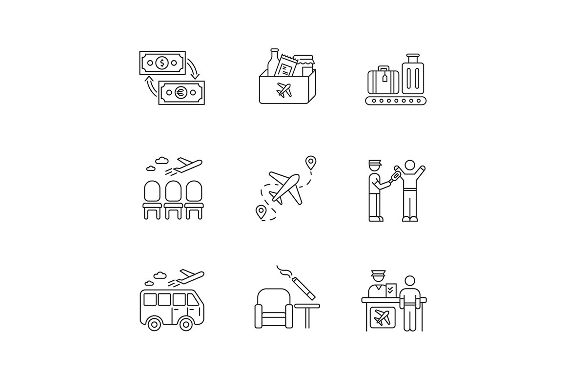 Airport terminal linear icons set cover image.