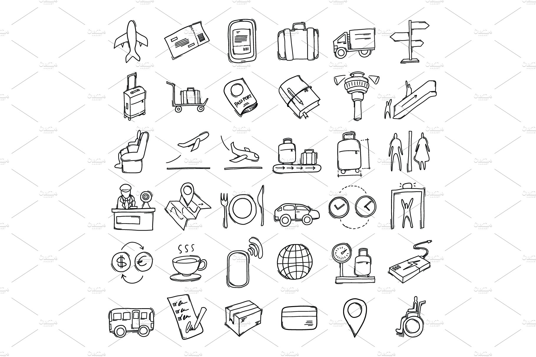 36 Airport doodle icons preview image.