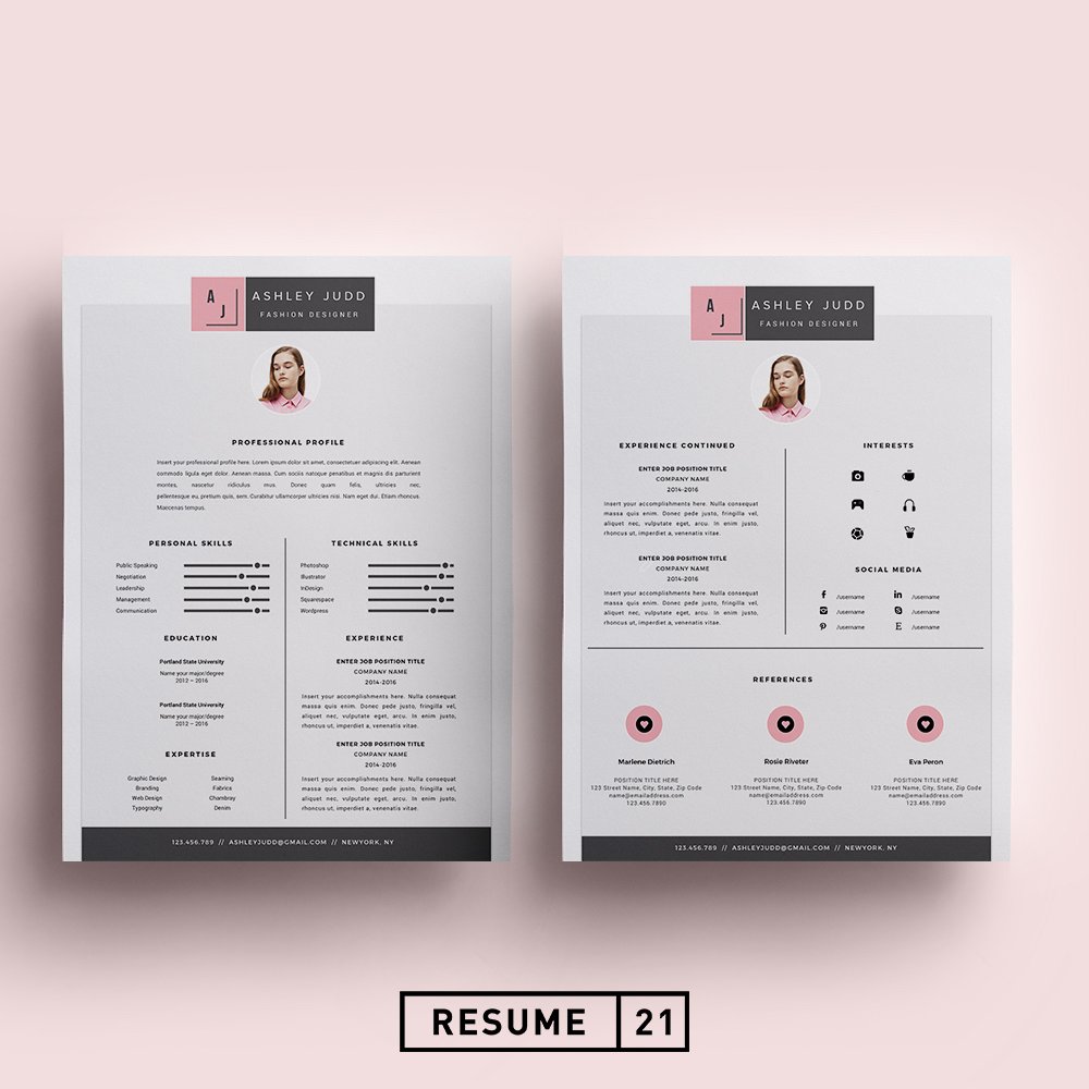 Two resume templates on a pink background.