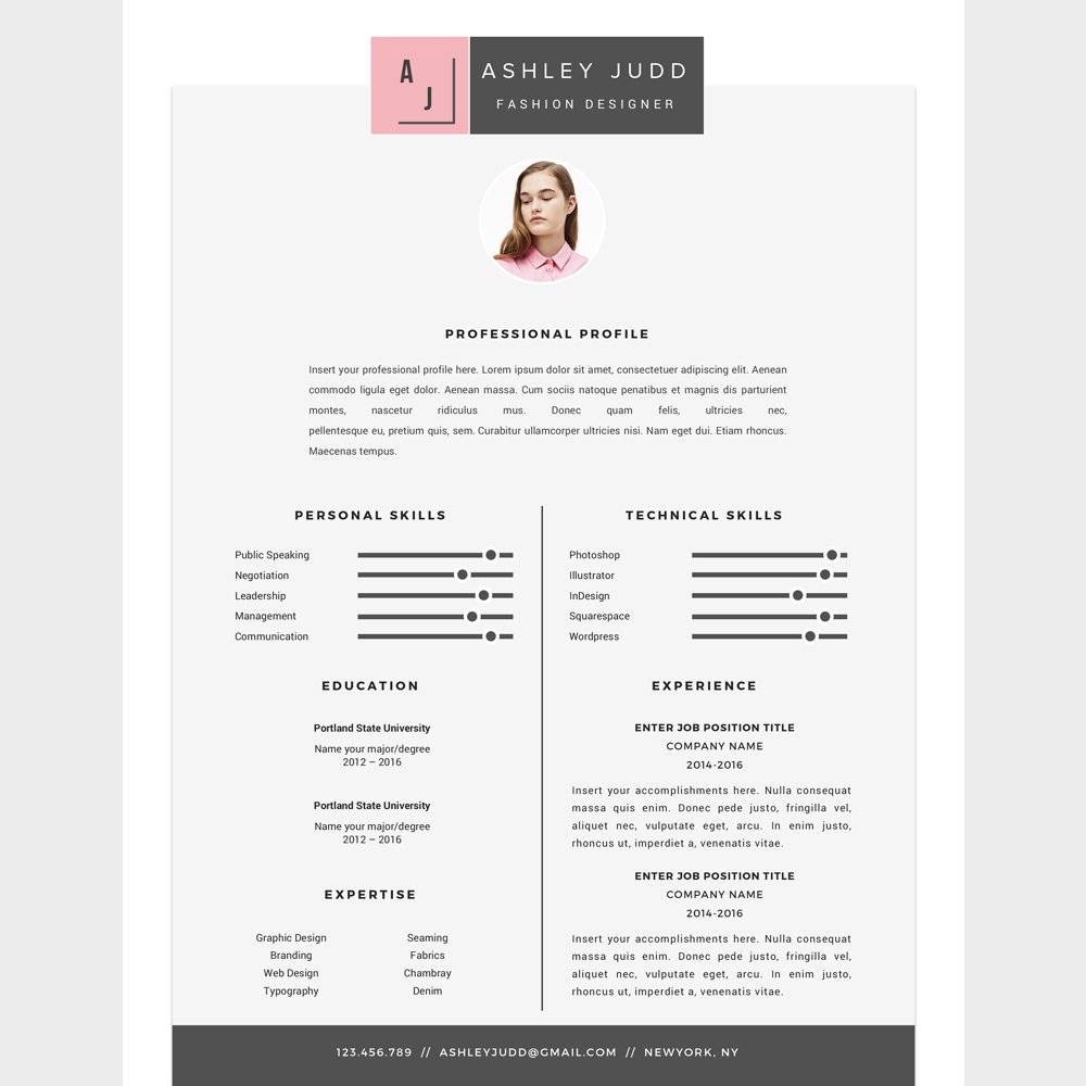 Professional resume template with a pink and gray color scheme.