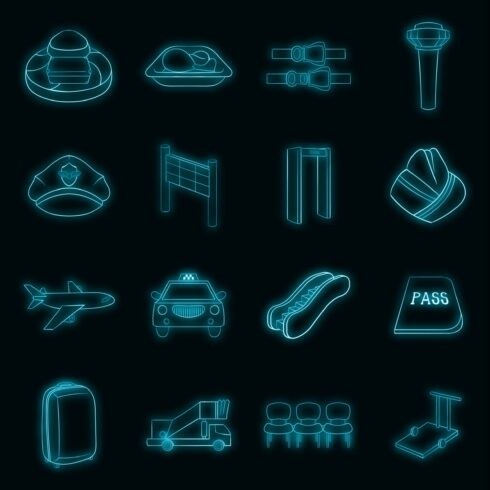 Airport icons set vector neon cover image.