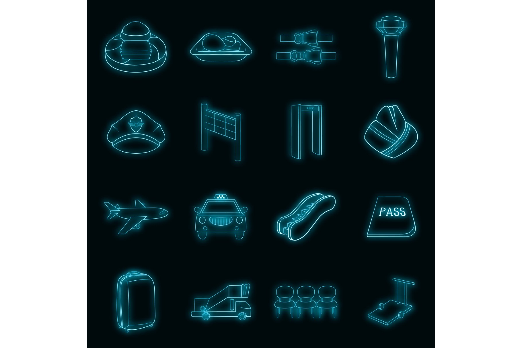 Airport icons set vector neon cover image.