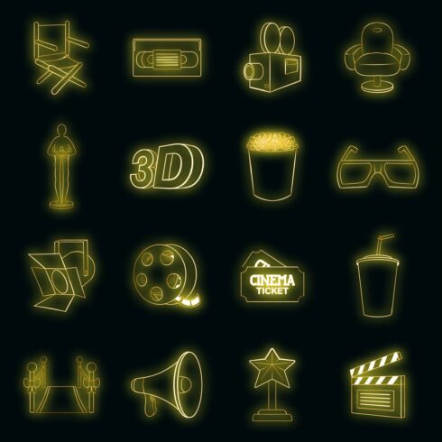 Cinema icons set vector neon cover image.