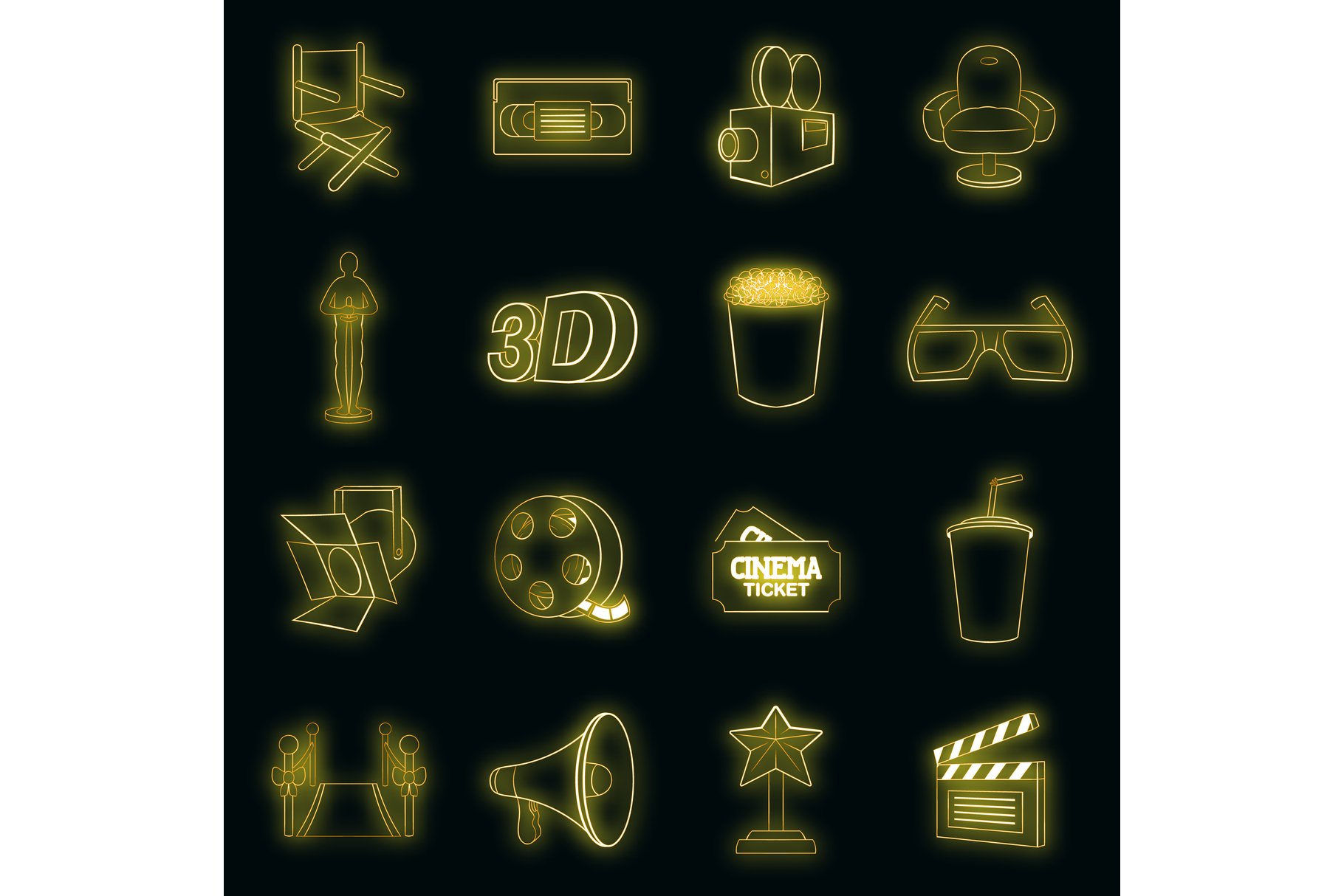 Cinema icons set vector neon cover image.