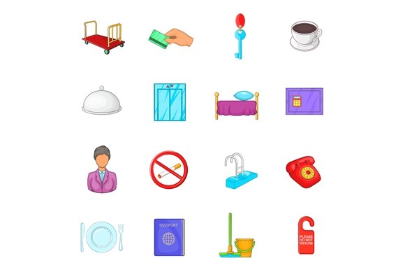 Hotel icons set in cartoon style cover image.