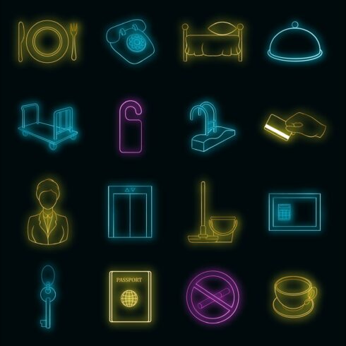 Hotel icons set vector neon cover image.