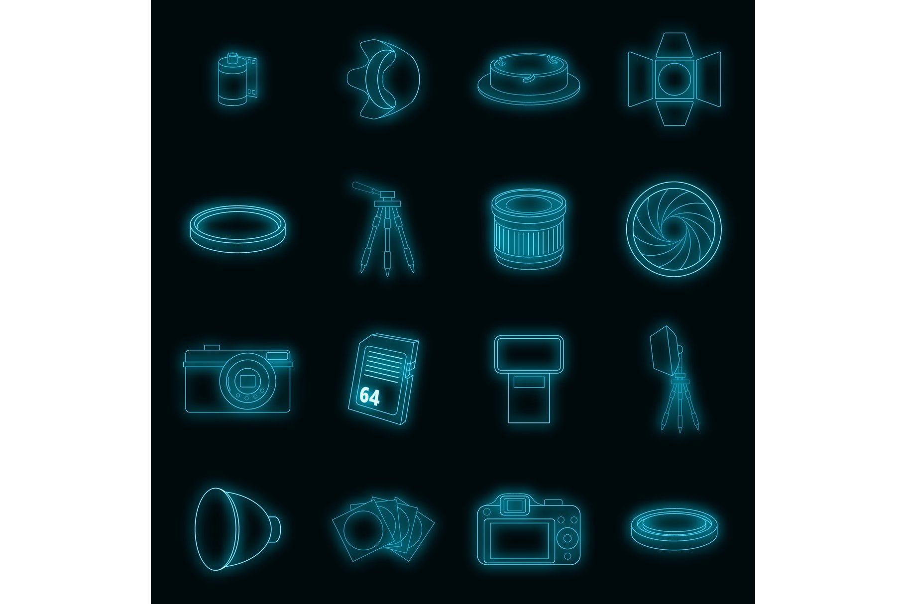 Photo studio icons set vector neon cover image.