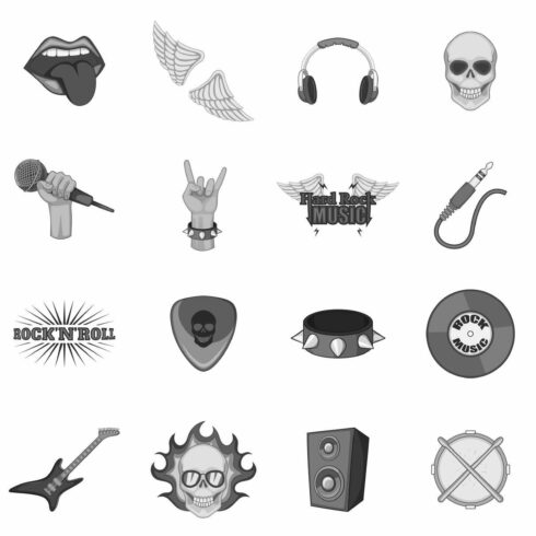 Rock music icons set monochrome cover image.