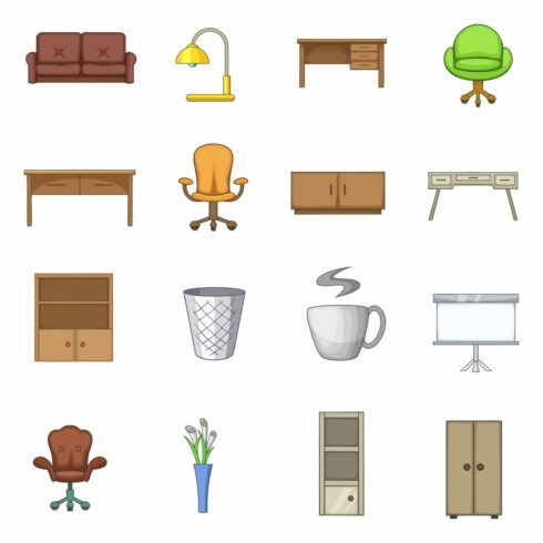 Office furniture interior icons set, cover image.