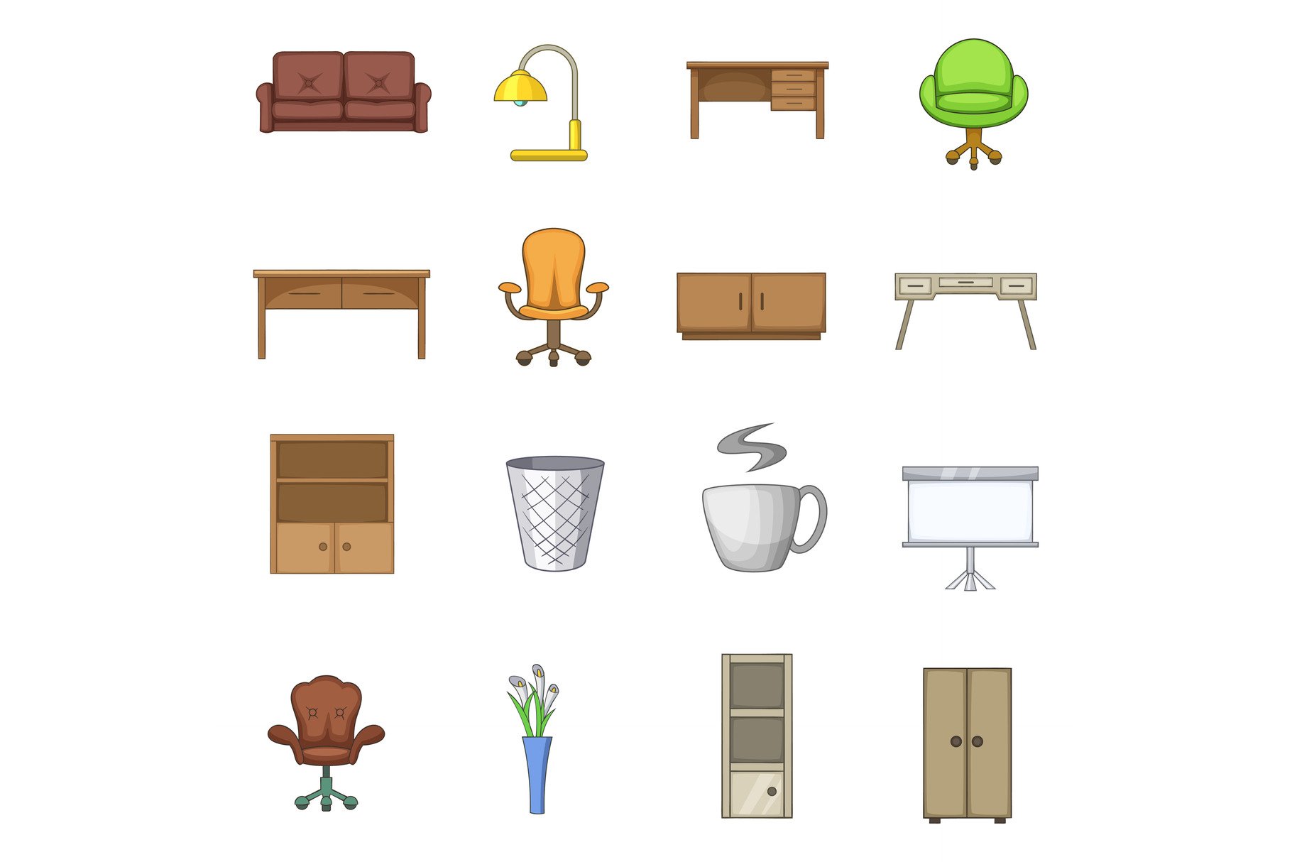 Office furniture interior icons set, cover image.