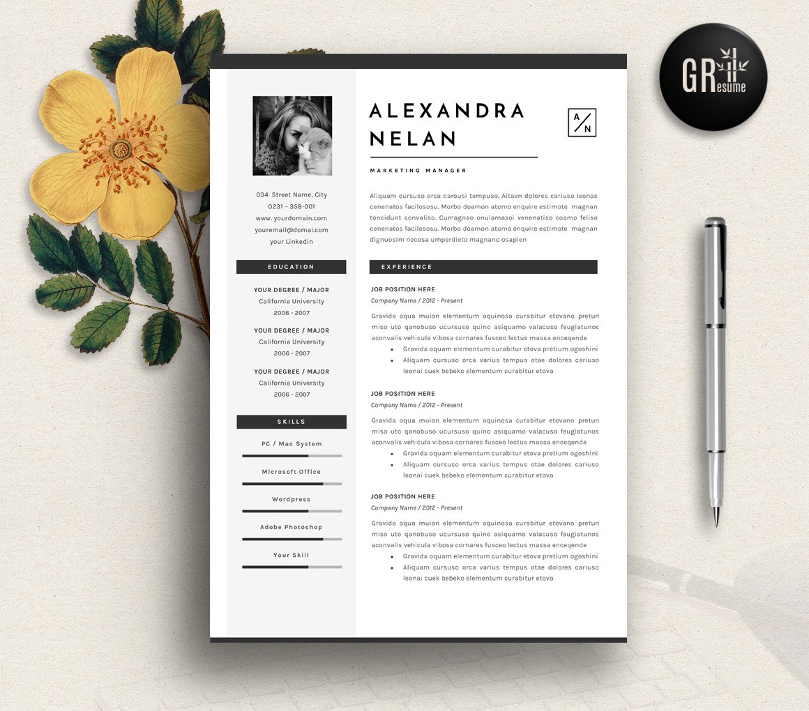 Professional resume template with a yellow flower.