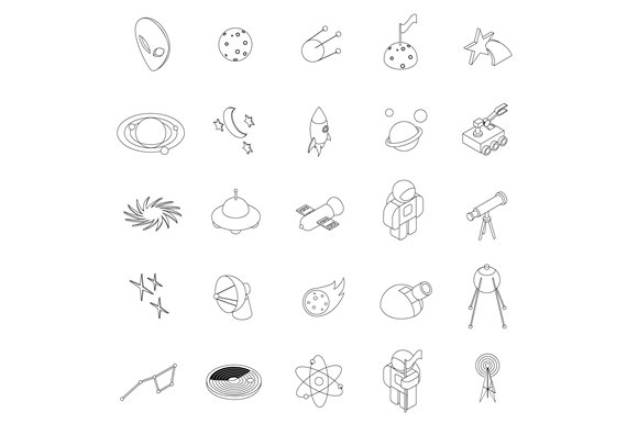 Space icons set, isometric 3d style cover image.