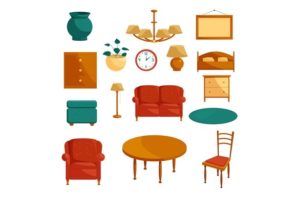 Furniture icons set, cartoon style cover image.