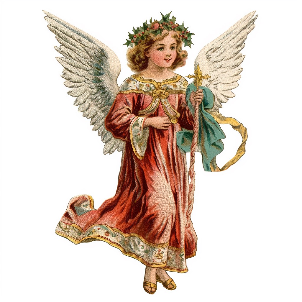 Painting of an angel holding a staff.