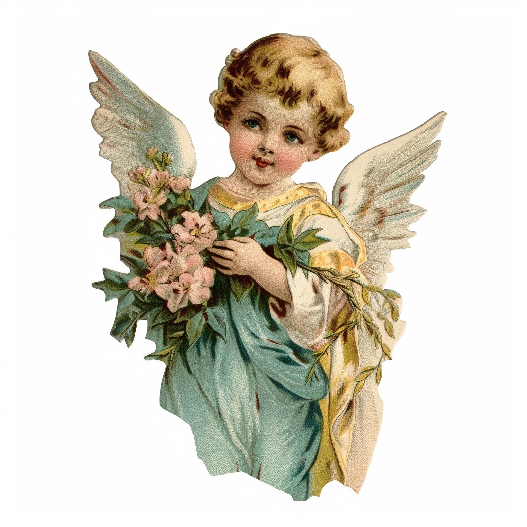 Little angel holding a bunch of flowers.
