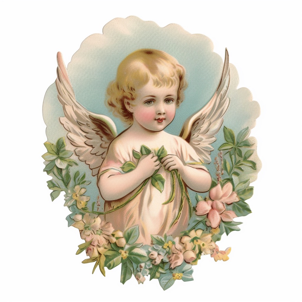 Picture of an angel with flowers around it.