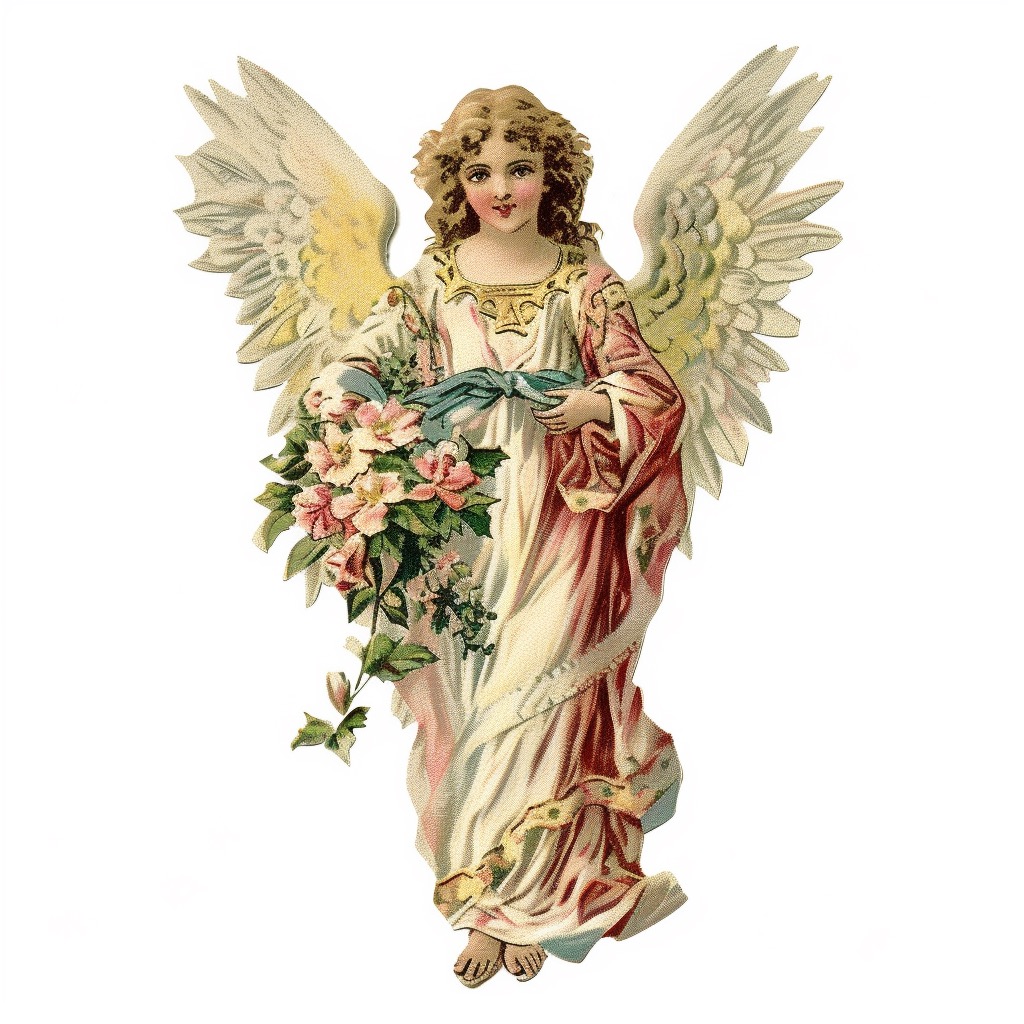 Angel holding a bouquet of flowers.