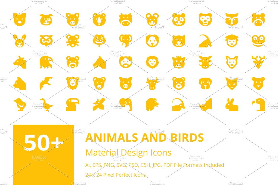 50+ Animals and Birds Material Icons cover image.