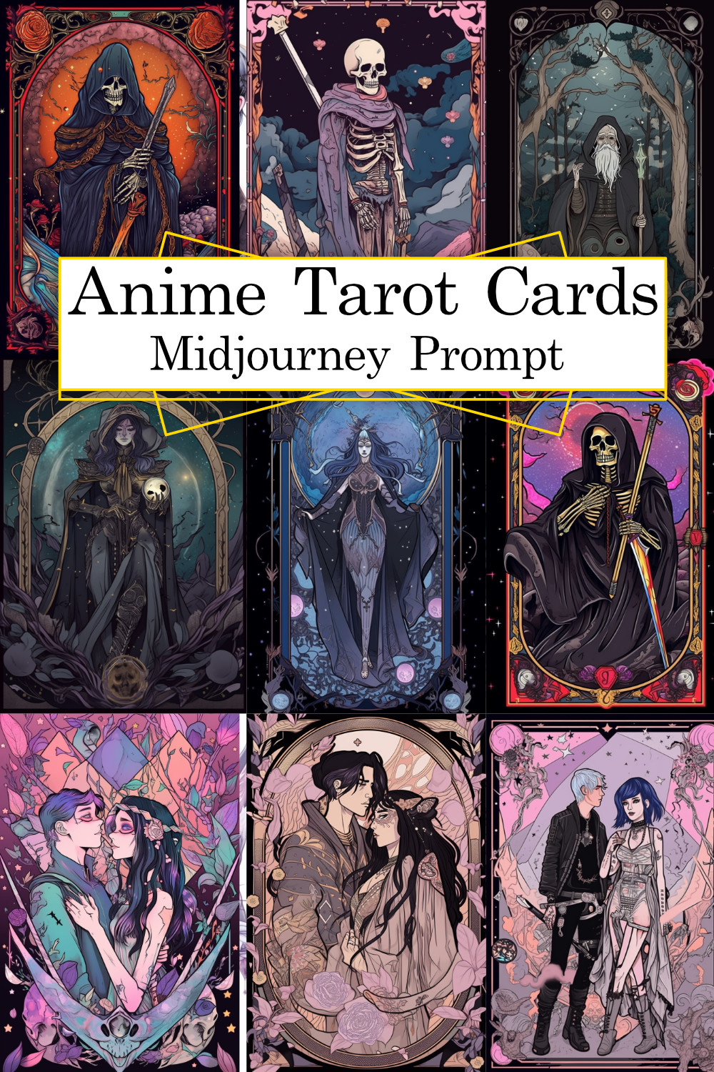 Anime Tarot Cards Midjourney Prompt pinterest preview image.