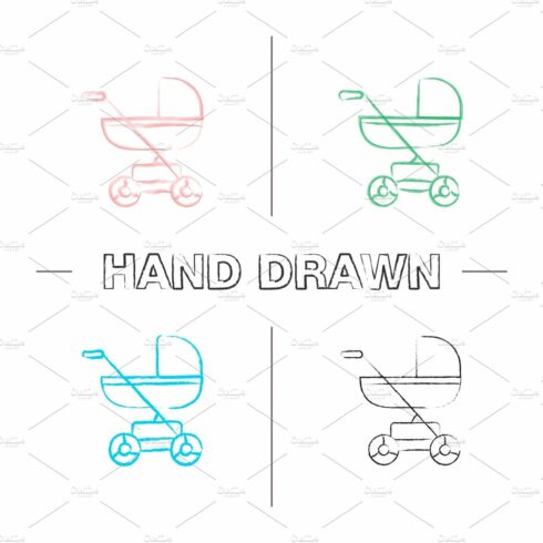 Baby carriage hand drawn icons set cover image.