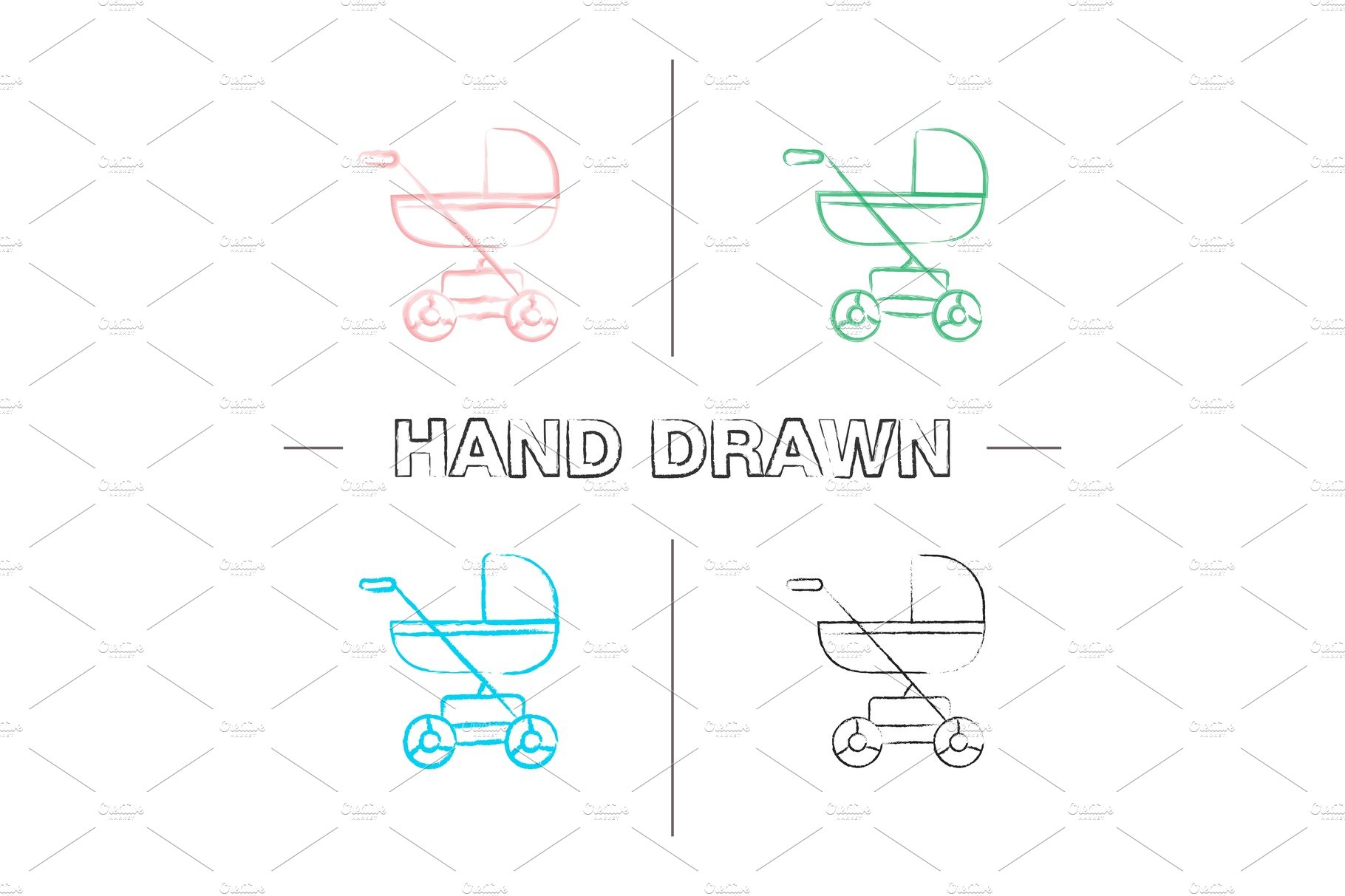 Baby carriage hand drawn icons set cover image.