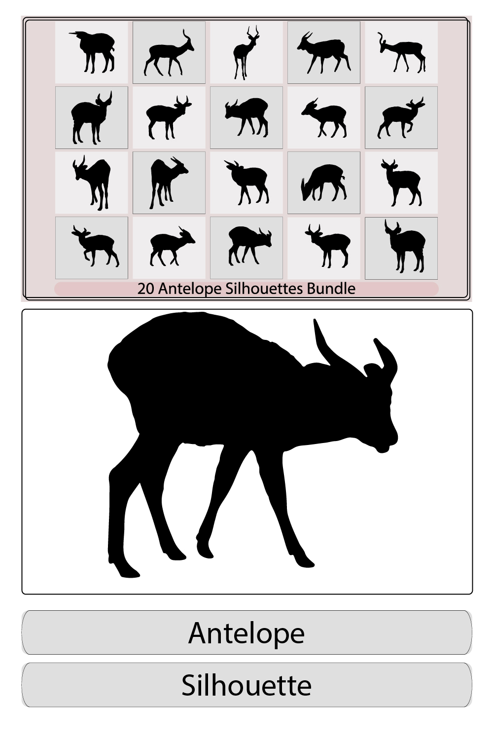 African antelope silhouette,Vector jump antelope silhouette,Black silhouette of an antelope,silhouettes of running impala antelopes, pinterest preview image.