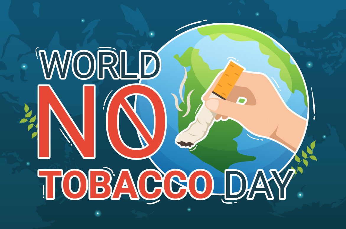 Hand holding a piece of paper that says world no tobacco day.