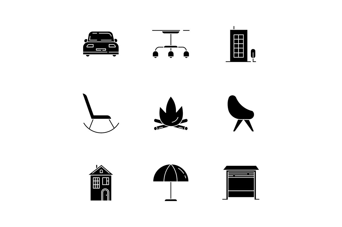 Comfort living black glyph icons set cover image.