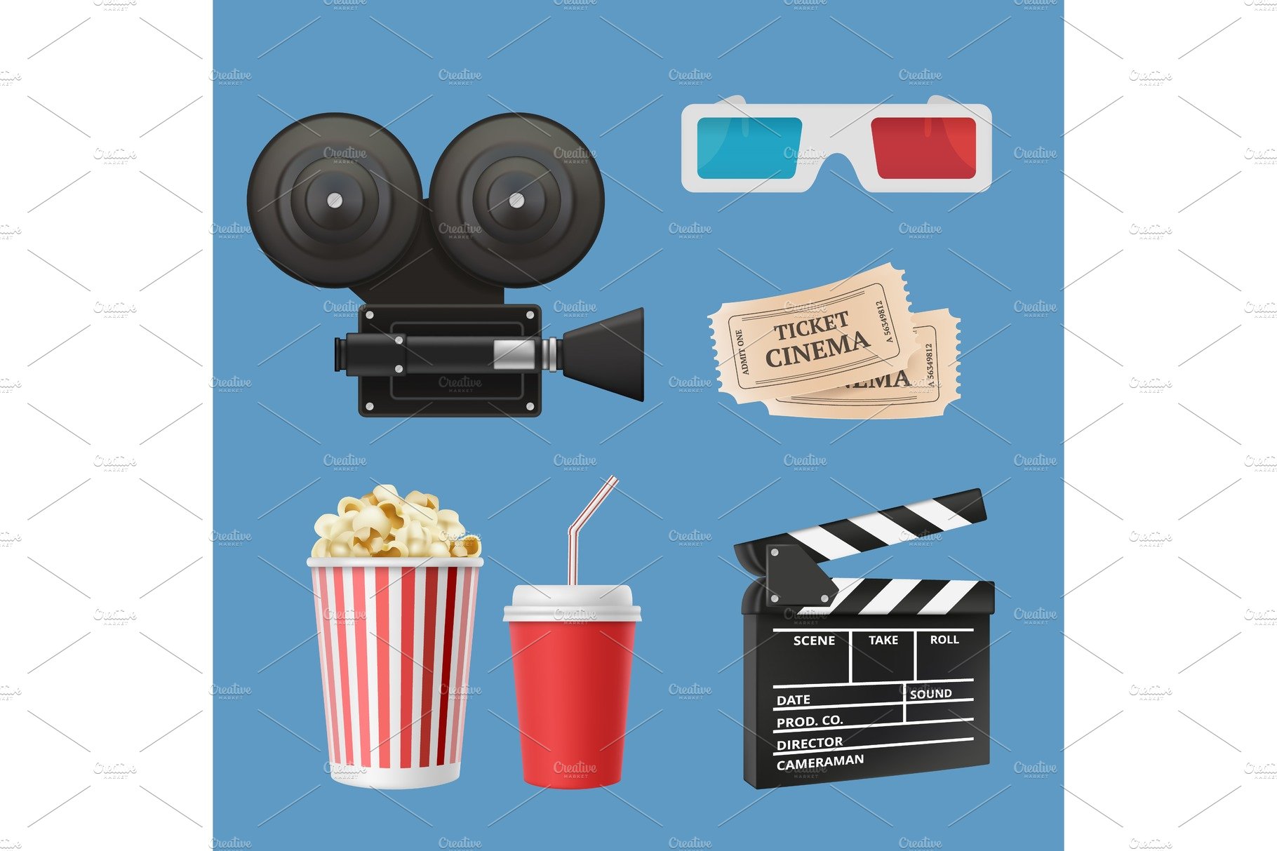 Cinema 3d icons. Movie camcorder cover image.
