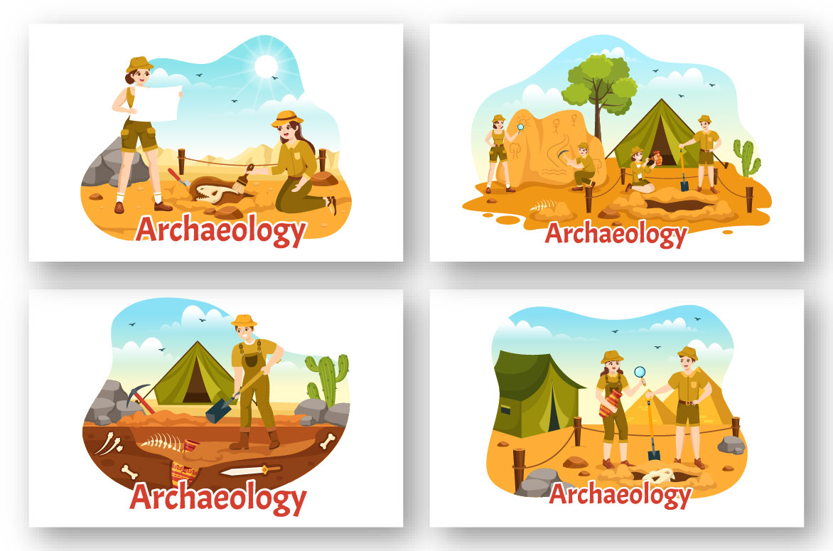 Four different illustrations of people camping in the wilderness.