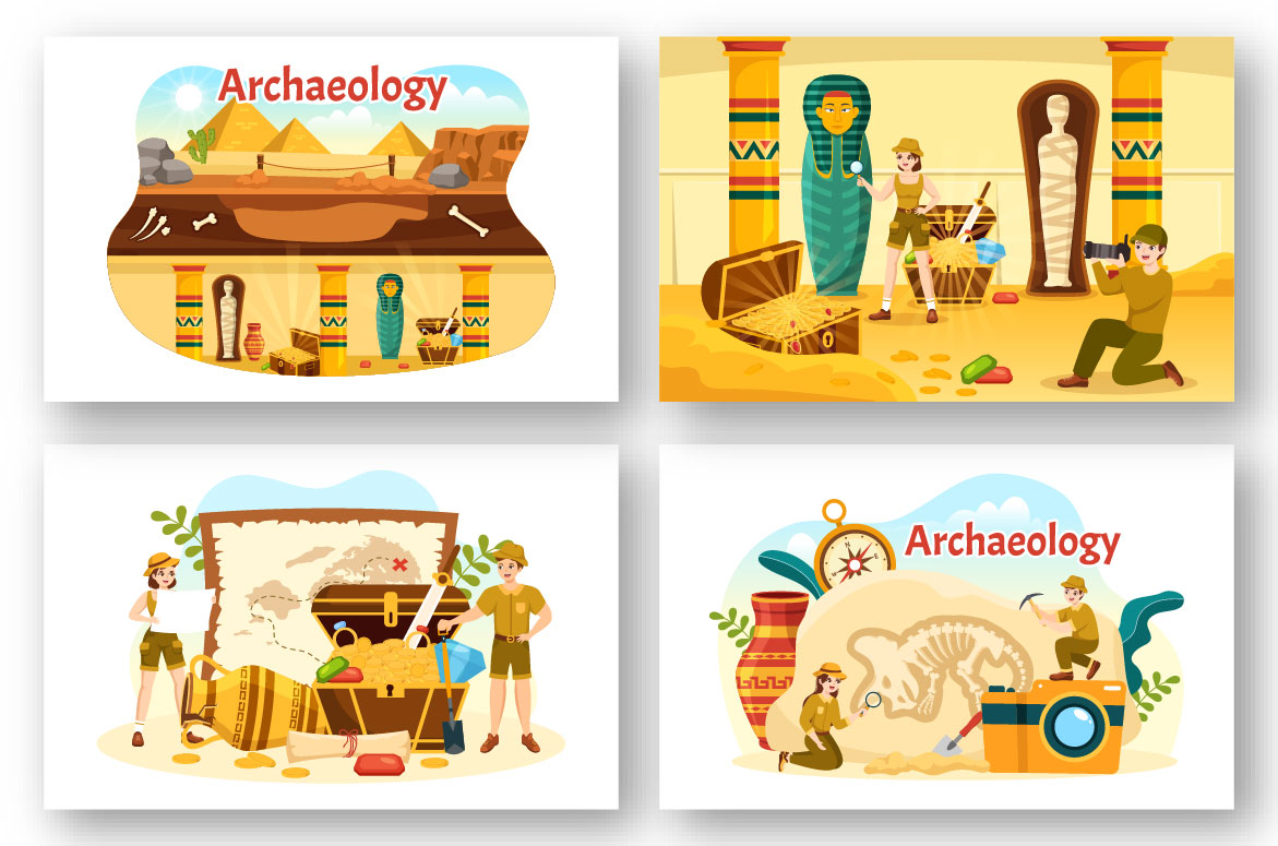 Set of four flat illustrations of ancient egypt.