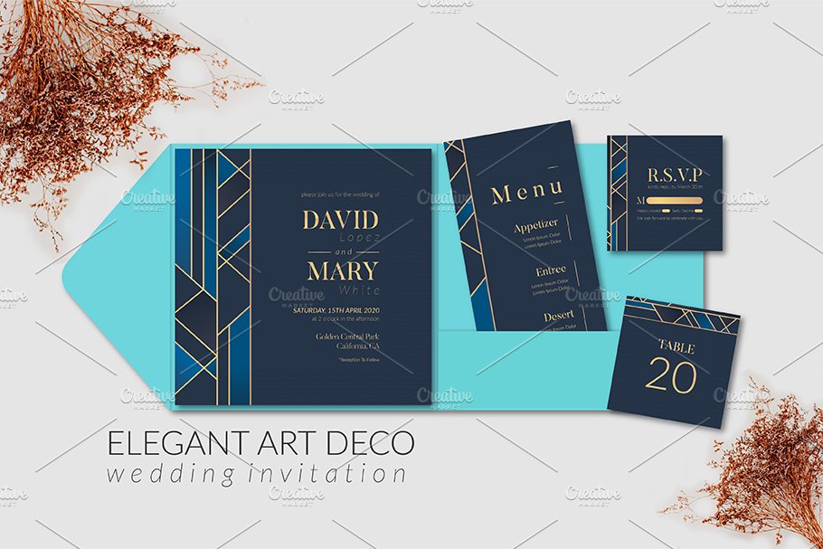Elegant Art Deco Wedding Invitation cover image.