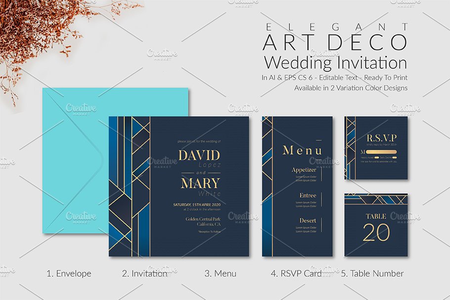 Elegant Art Deco Wedding Invitation preview image.